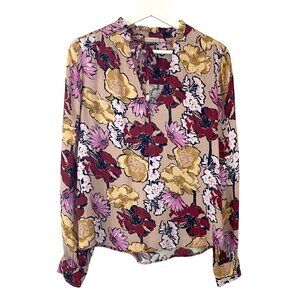 Hinge‎ Floral Tie Neck Blouse Sz L-XL Ruffles Button Cuff Romantic